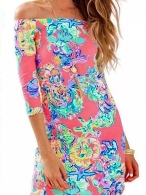 Lily Pulitzer Lauren’s Off-the-shoulder dress in “Coral Reef Island Seacret”
